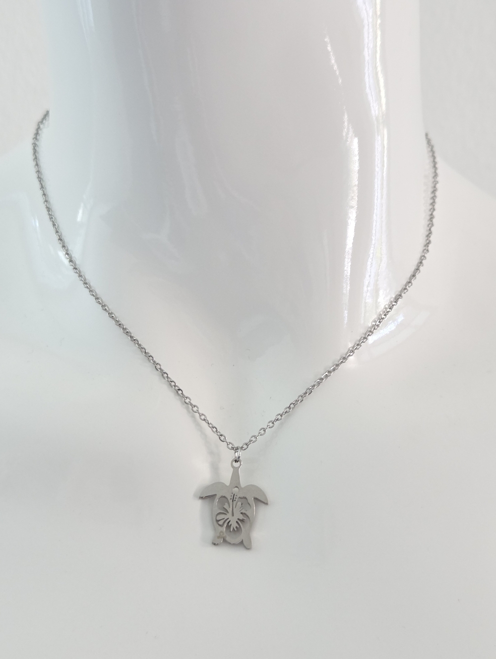 Unisex Silver Tropical Sea Turtle & Hibiscus Cut Out Pendant Necklace - Picture 7 of 12